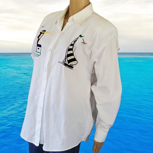 Jane Ashley Shirt Women's Medium White Nautical Embroidered Beaded Button-Down - Picture 3 of 12